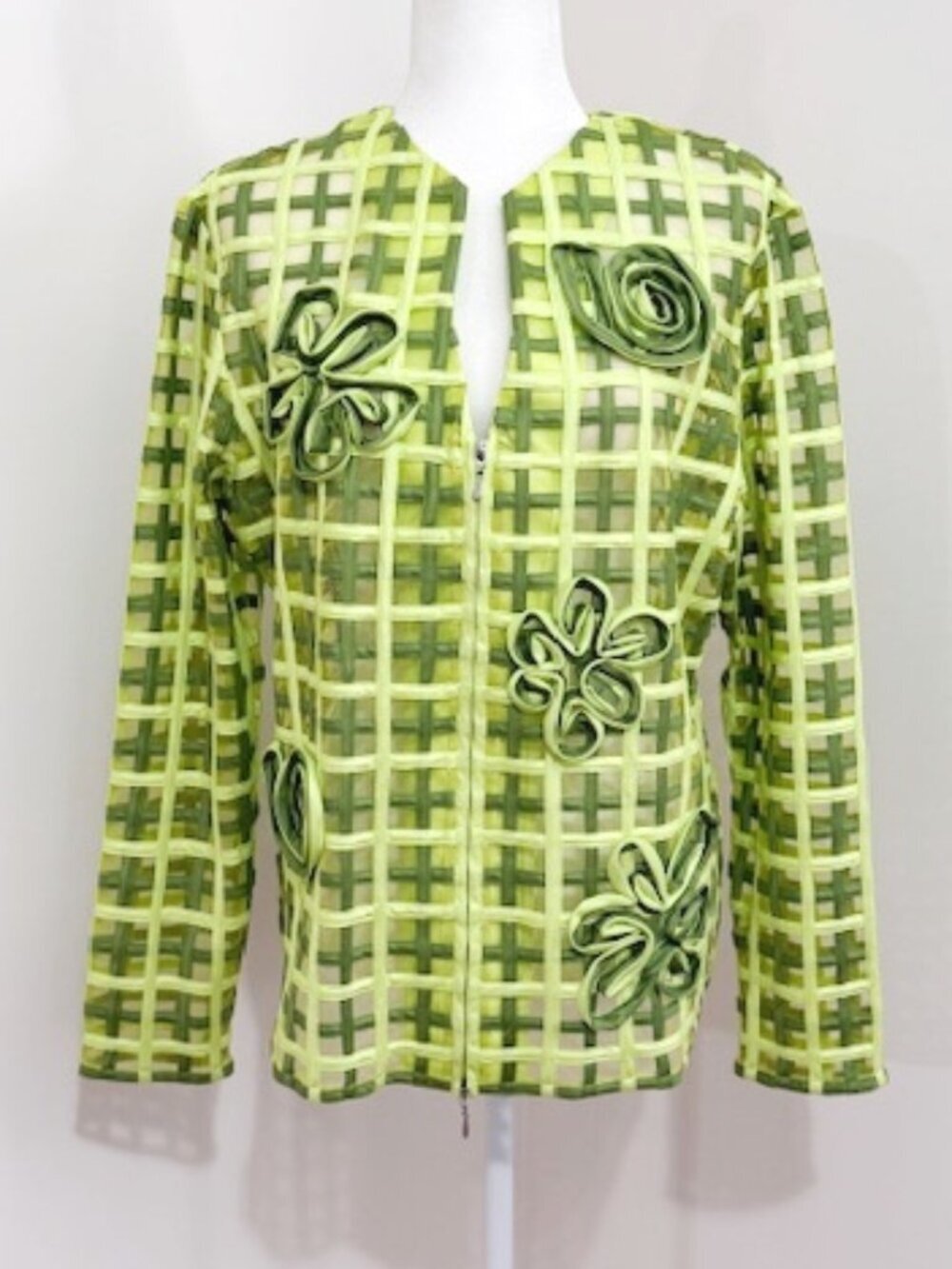 T & W Designs Lime Green Mesh Zip Jacket Floral Ribbon Design Women's Size XL